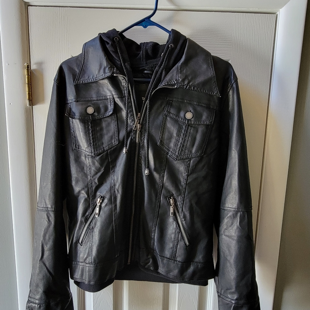 Faux leather black jacket with removable hoodie insert